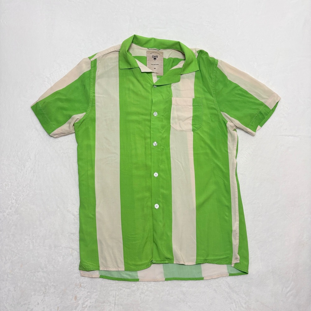 OAS The Cuba Green Striped Viscose Camp Collar Shirt Y2K Indie Resort M